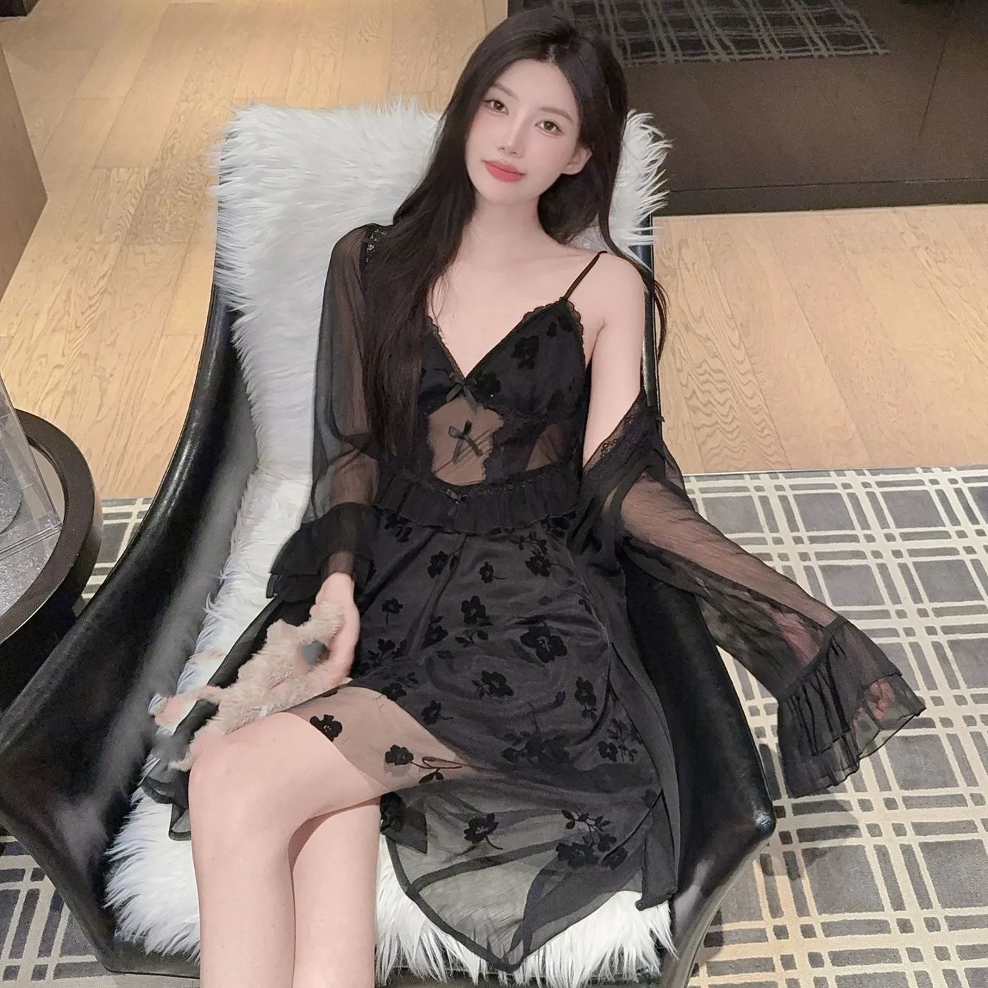 

Sexy Black Female Mesh Kimono Bathrobe Nightgown Nighty Robe Set Summer Sleepwear Casual Home Wear