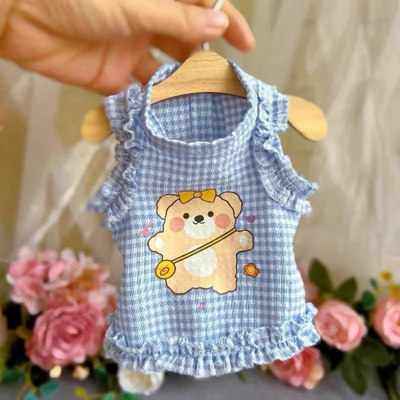 

Sleeveless Dog Clothes Summer Pet Clothes Maltese Blue Plaid Vest Yorkshire Cartoon Pullover Breathable Camisole