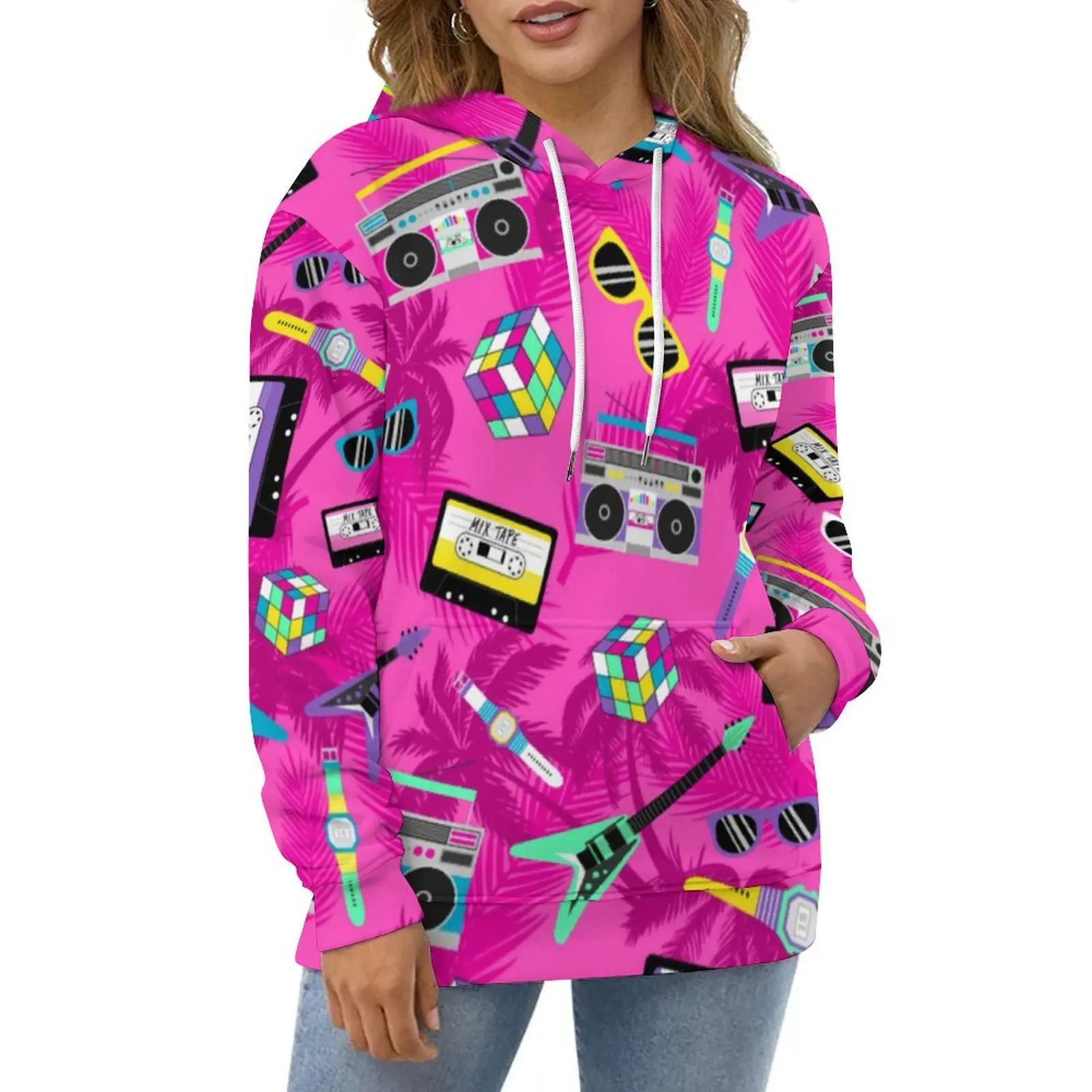 

Pop Art Print Hoodies Neon Pink Trendy 80s Street Fashion Casual Hoodie Long Sleeve Y2k Graphic Sweatshirts Gift Idea