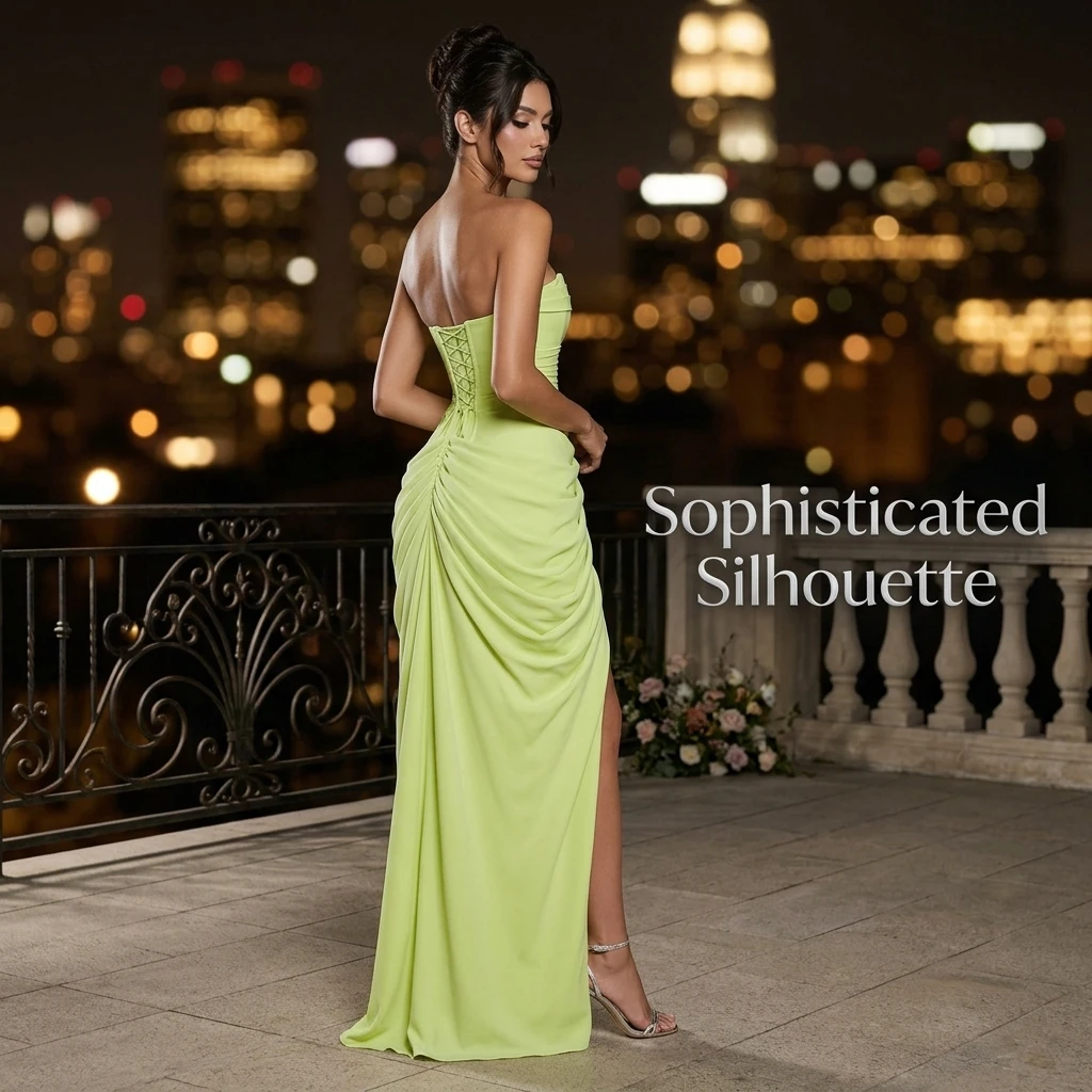 Evening Gown Women's Strapless Ruched Tube Top High Split Backless Lace Up Corset Chiffon Maxi Formal Prom Dress