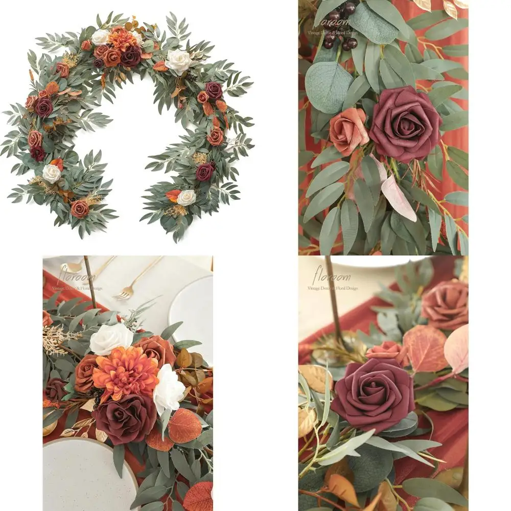 

Artificial 6ft Eucalyptus Garland with Burnt Orange Flowers for Wedding Table Decorations, Faux Greenery Floral Vine