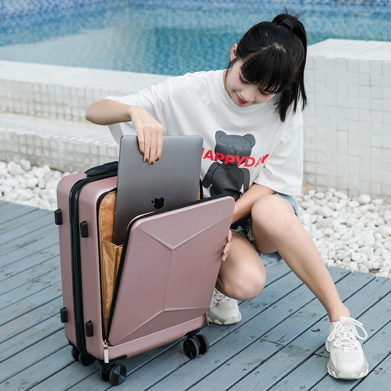 Business luggage front opening computer boarding suitcase for men and women fashion 20/24 inch trolley travel mute password lock