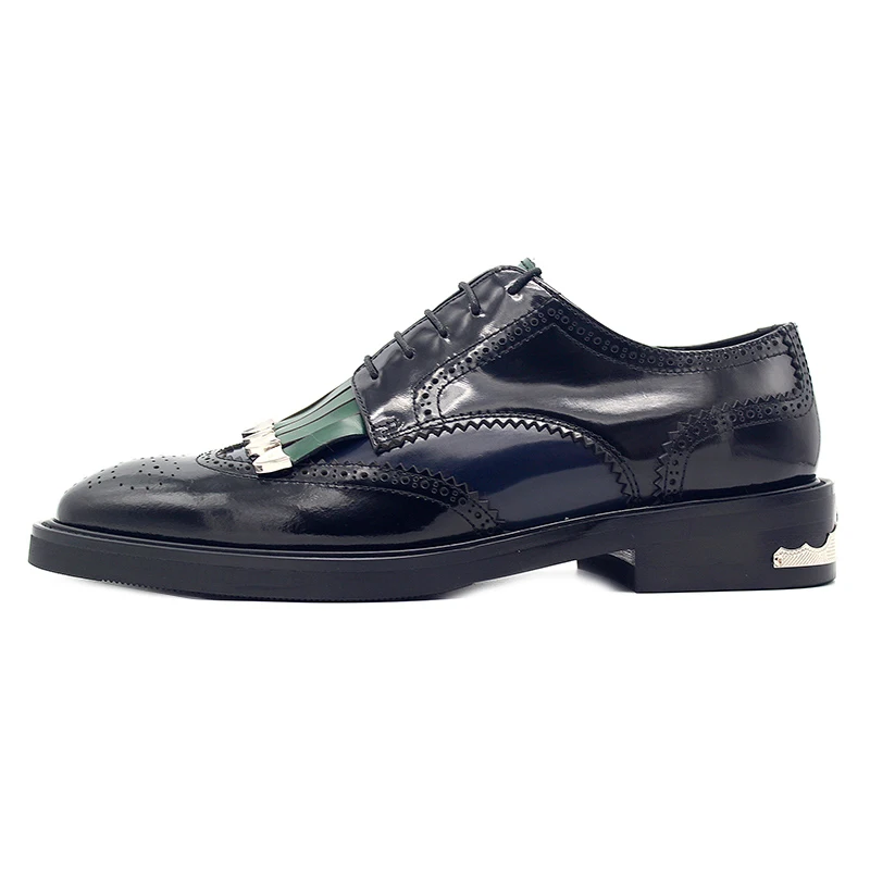 Black Genuine Leather Wingtip Brogue Oxford Shoes Lace‑Up Tassel Men Round Toe Retro Party Formal Dress Shoes
