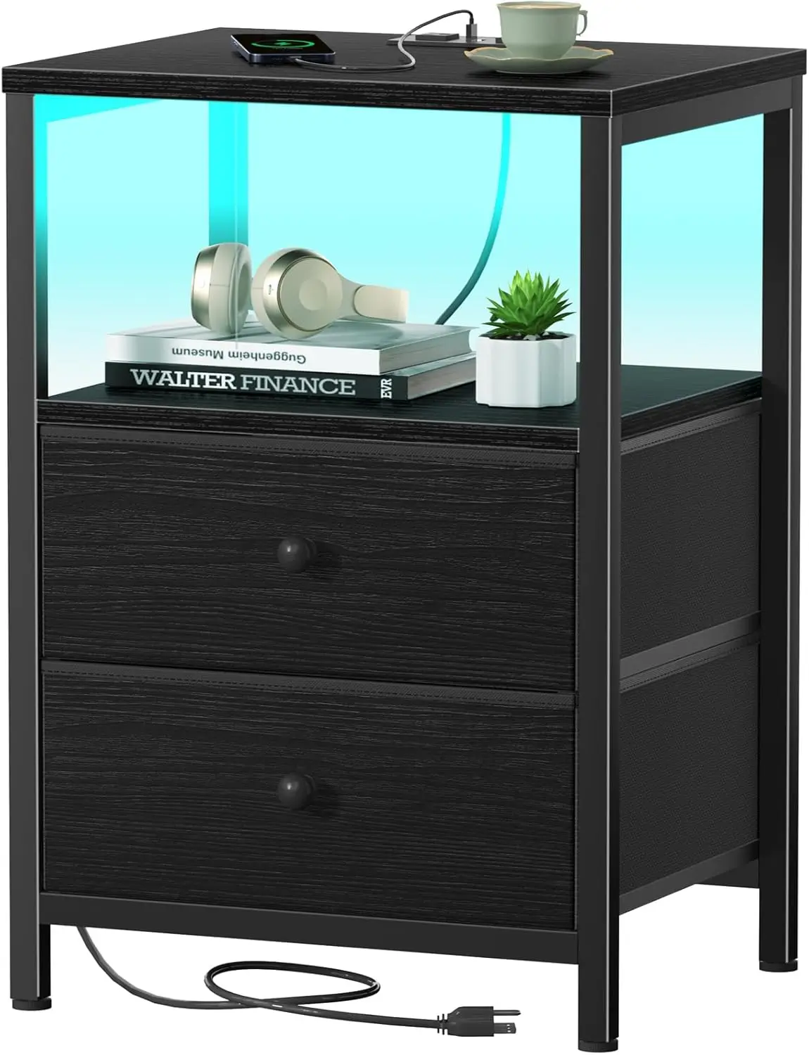 

Modern LED Nightstand with Charging Station, 2 Fabric Drawers, USB Ports and Outlets for Bedroom