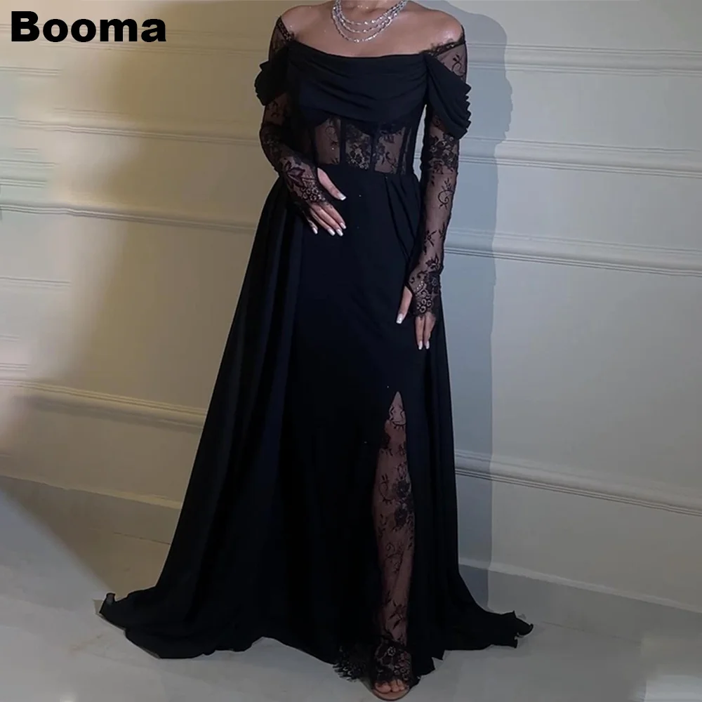 

Booma Black Elegant Evening Dresses Off Shoulder Long Sleeves Formal Occasion Gowns for Women Train Lace Long Party Prom Dress