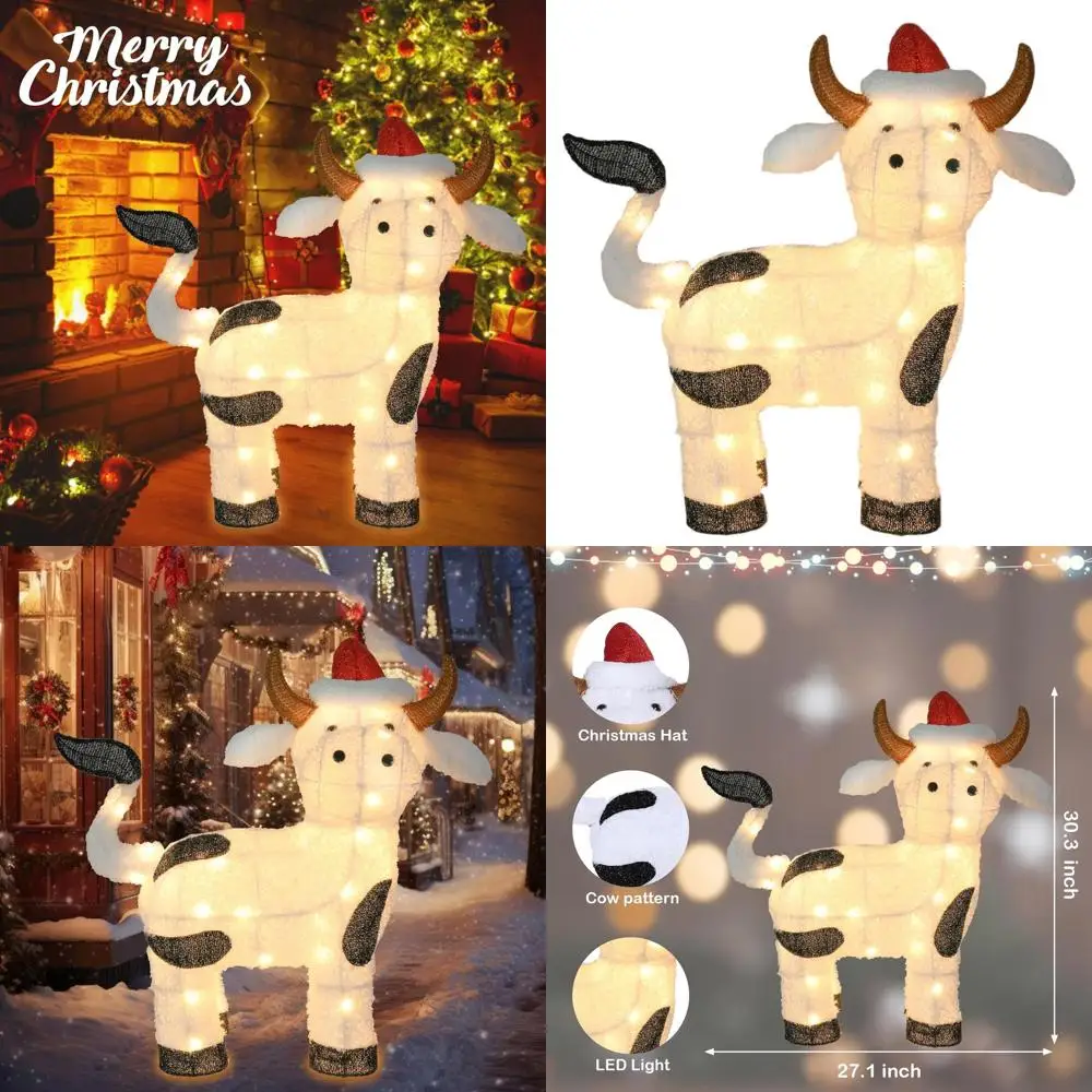 

3D Cow Outdoor Christmas Decor, 30.3 Lighted Farm Animal Wearing Santa Hat, Holiday Lawn Garden Yard Display