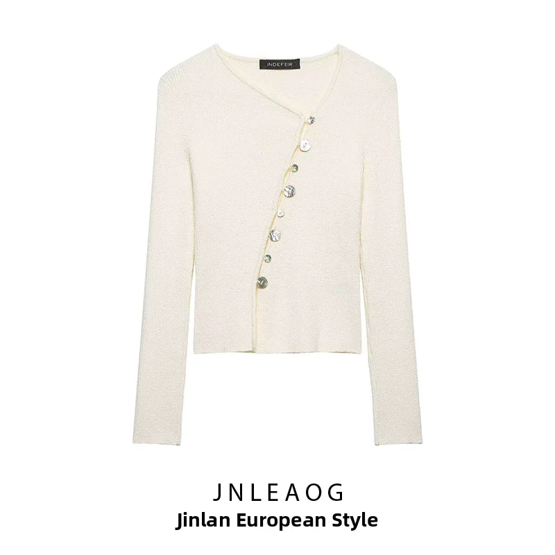 Fashionable Versatile JNLEAOG Spring New Women's Knitted Jacket Asymmetric Buckle Design Skin-friendly Breathable Polyester