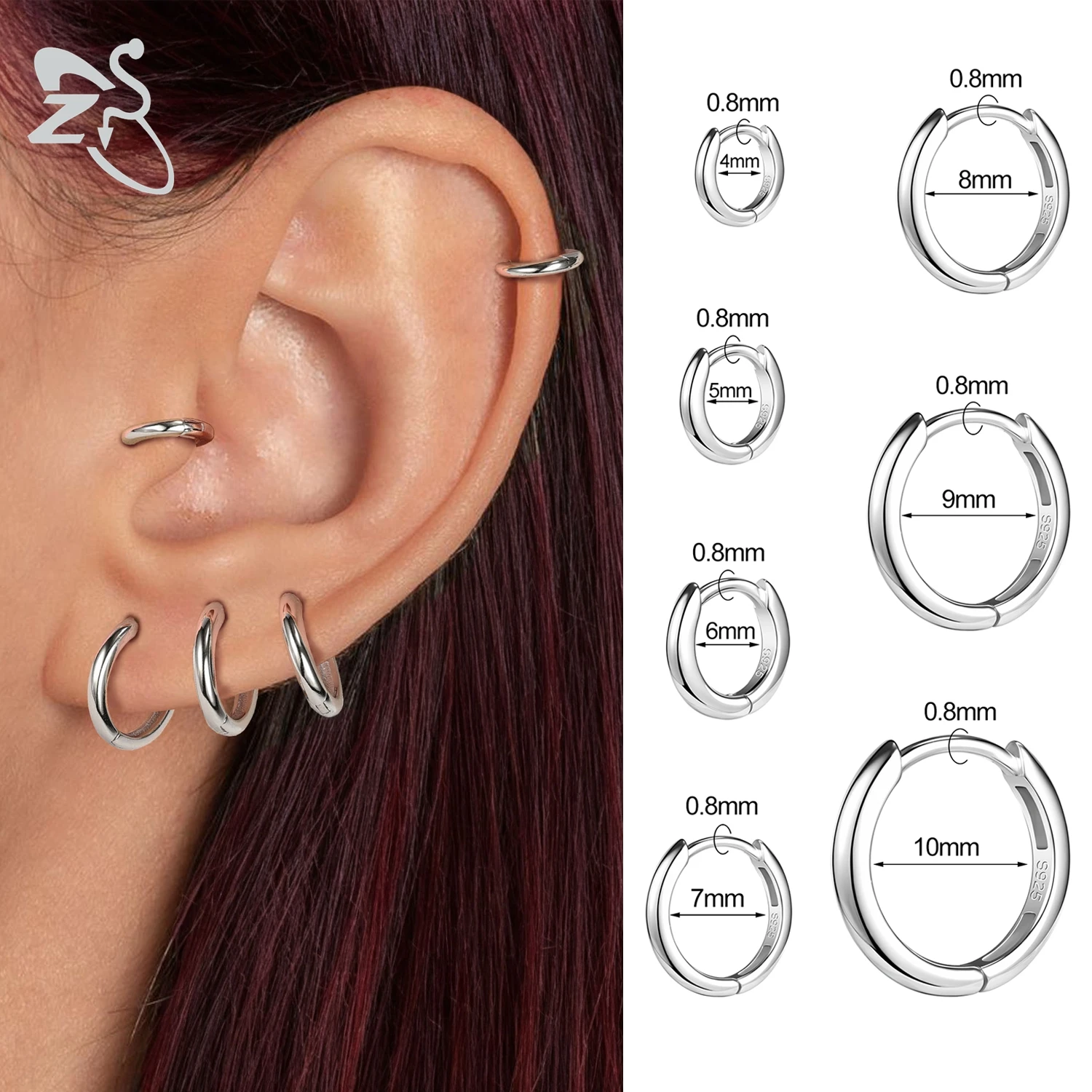 ZS 1 sztuka 20G 925 Sterling Silver Hoop Earring Dla kobiet Dziewczyny 4MM-10MM Okrągłe kolczyki Helix Chrząstka Rook Piercing Biżuteria