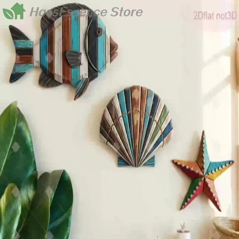 ※3Pcs/set Colorful Wooden Ocean Art Sea Fish Shells Starfish Rustic Farmhouse Style Decor Living Room Bedroom Wall Decore