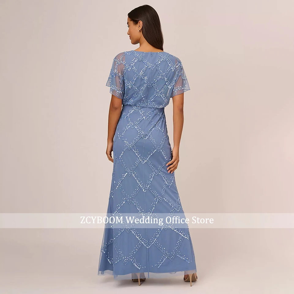 Elegante vestido azul brillante con lentejuelas para madre de la novia, cuello redondo, mangas cortas, hasta el suelo, fiesta de boda, vestidos de noche para invitados, 2023