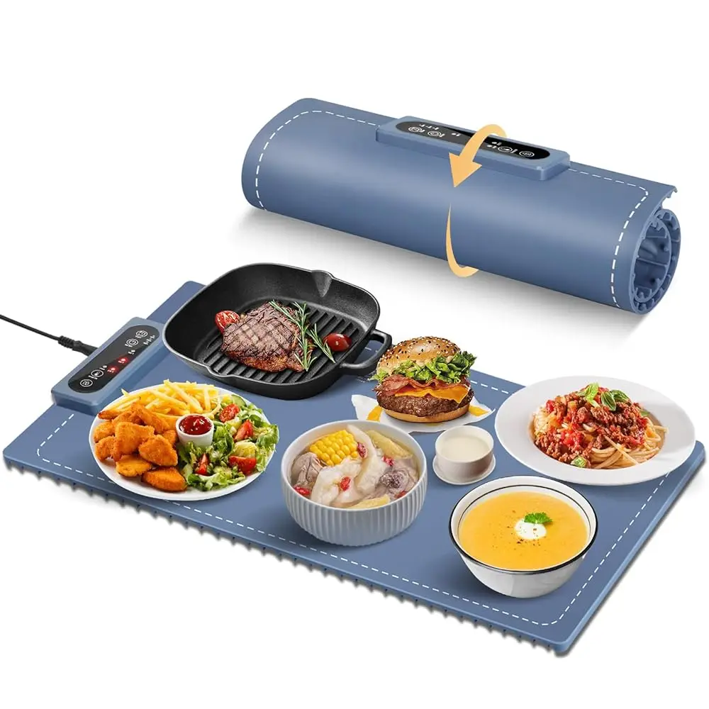 

Food Warming Mat, Electric Warming Tray, Portable And Rollable, Premium Silicone Nano-Material, Fast Heating, 3 Temperature