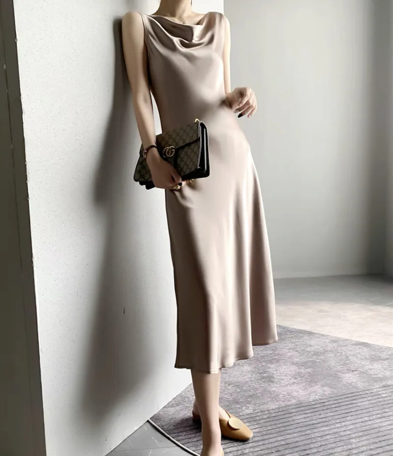 New Women Acetate satin Dress long maxi Sundress elegant swinging collar artificial silk Party Dresss Robe Avocado Green White