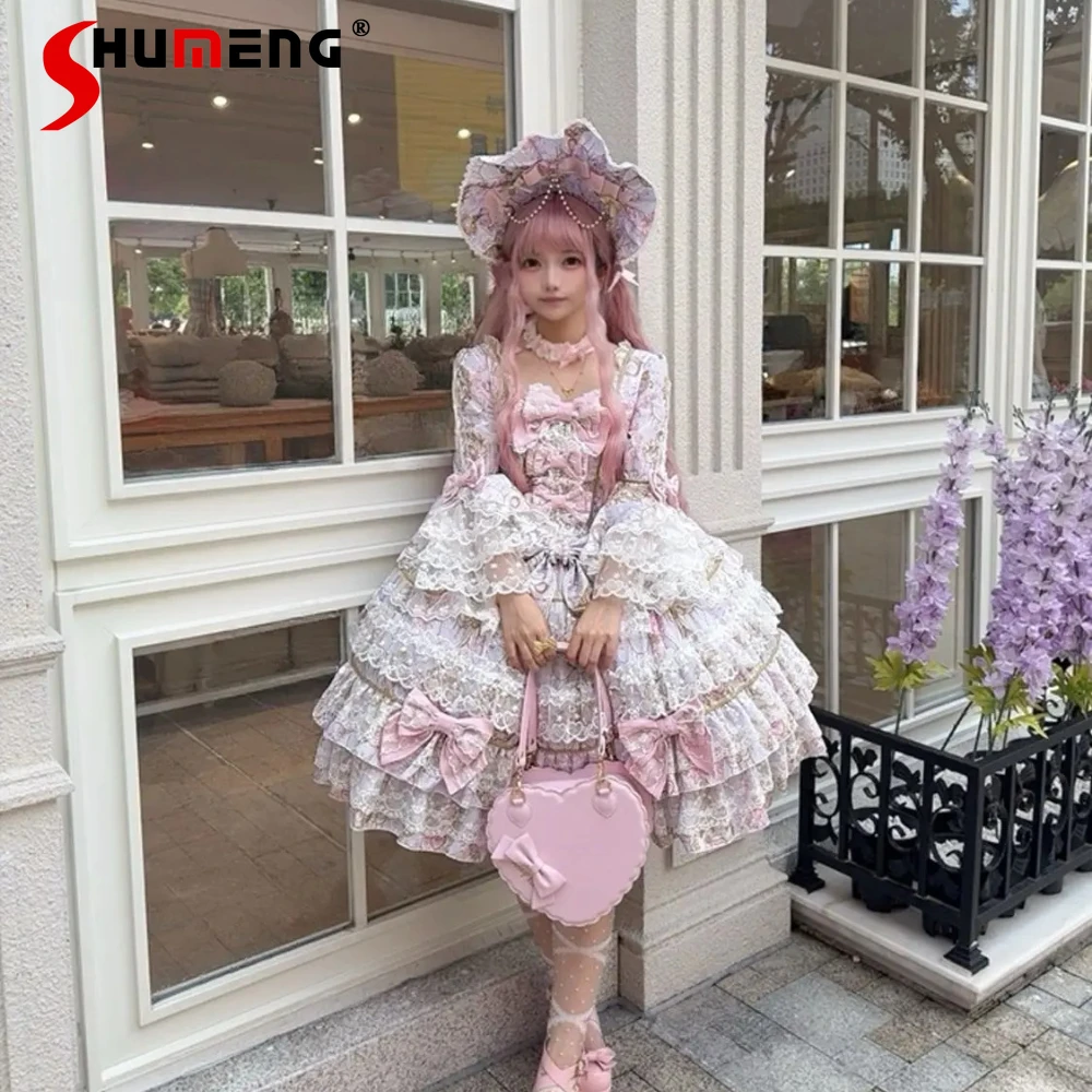 

Original Halloween Elegant Princess Lolita Dress Lace Patchwork Flare Sleeve 3D Big Bow Sweet Cute Print OP Long Dress for Women