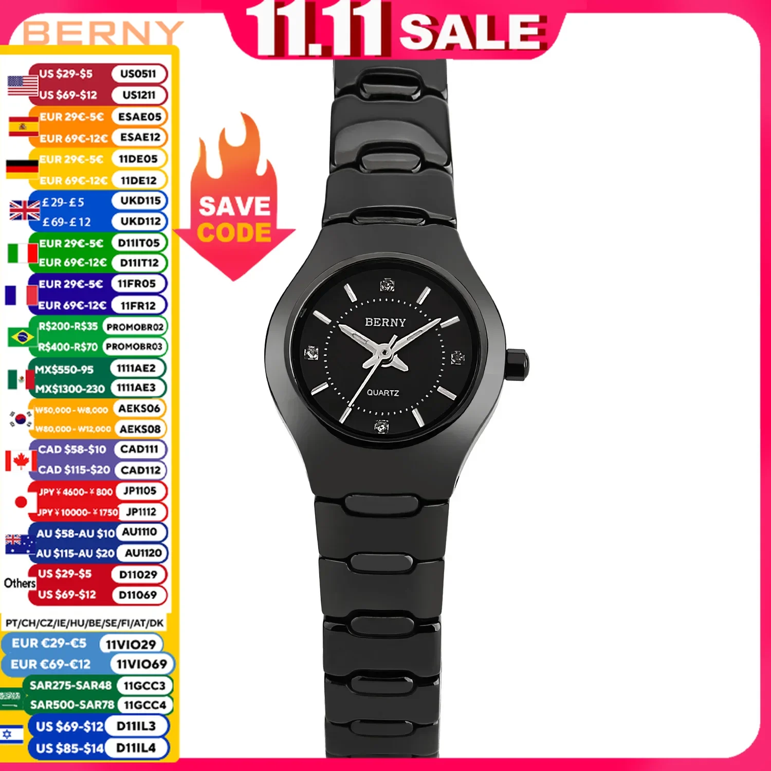 BERNY Couple Quart Watches Ceramic Braceletz Sapphire Crystal Wristwatch Men Auto Date Waterproof Ladies Clock For Women