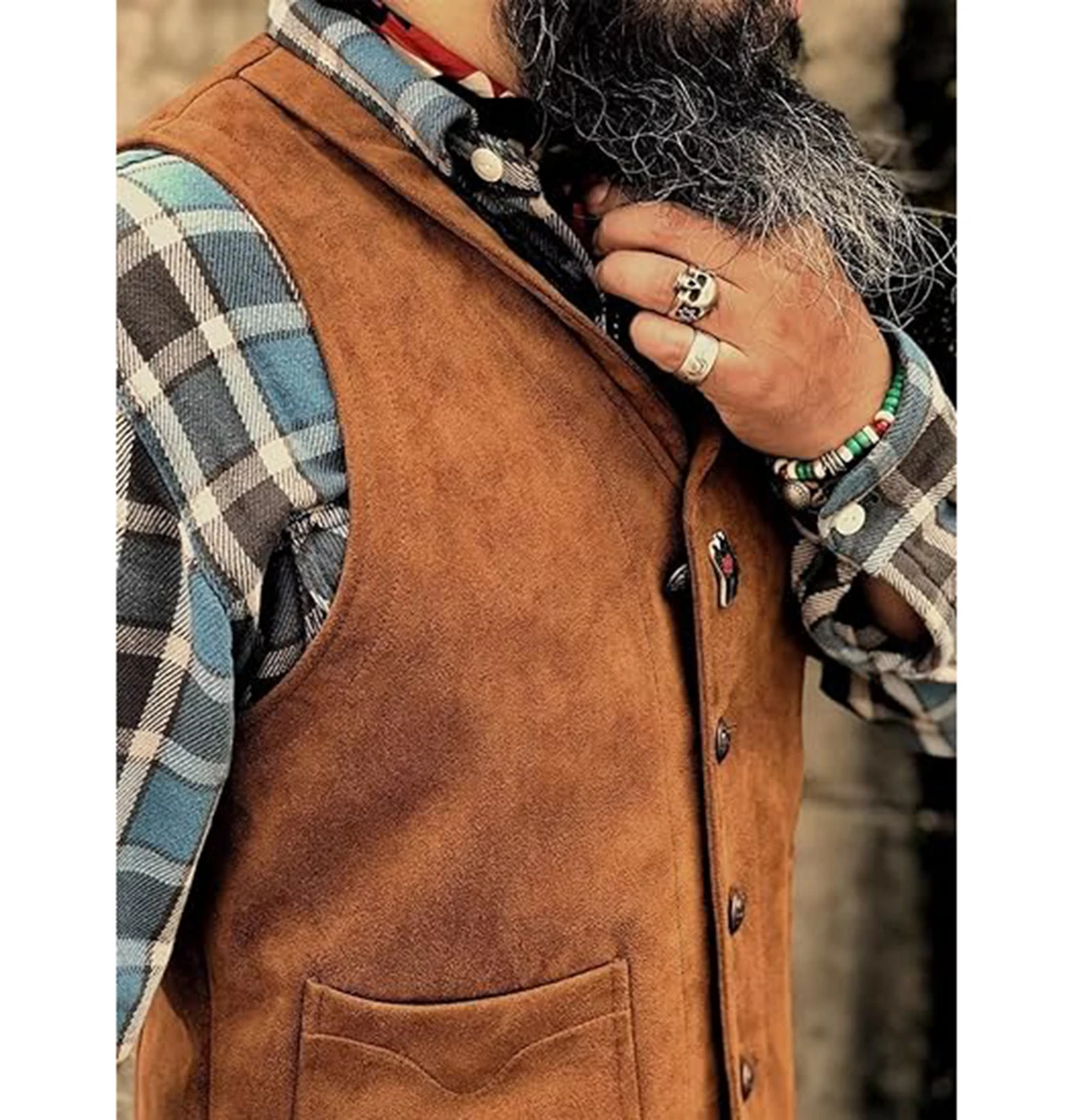 Gilet da uomo in pelle scamosciata gilet in pelle bovina gilet da Cowboy Western da uomo con tasche