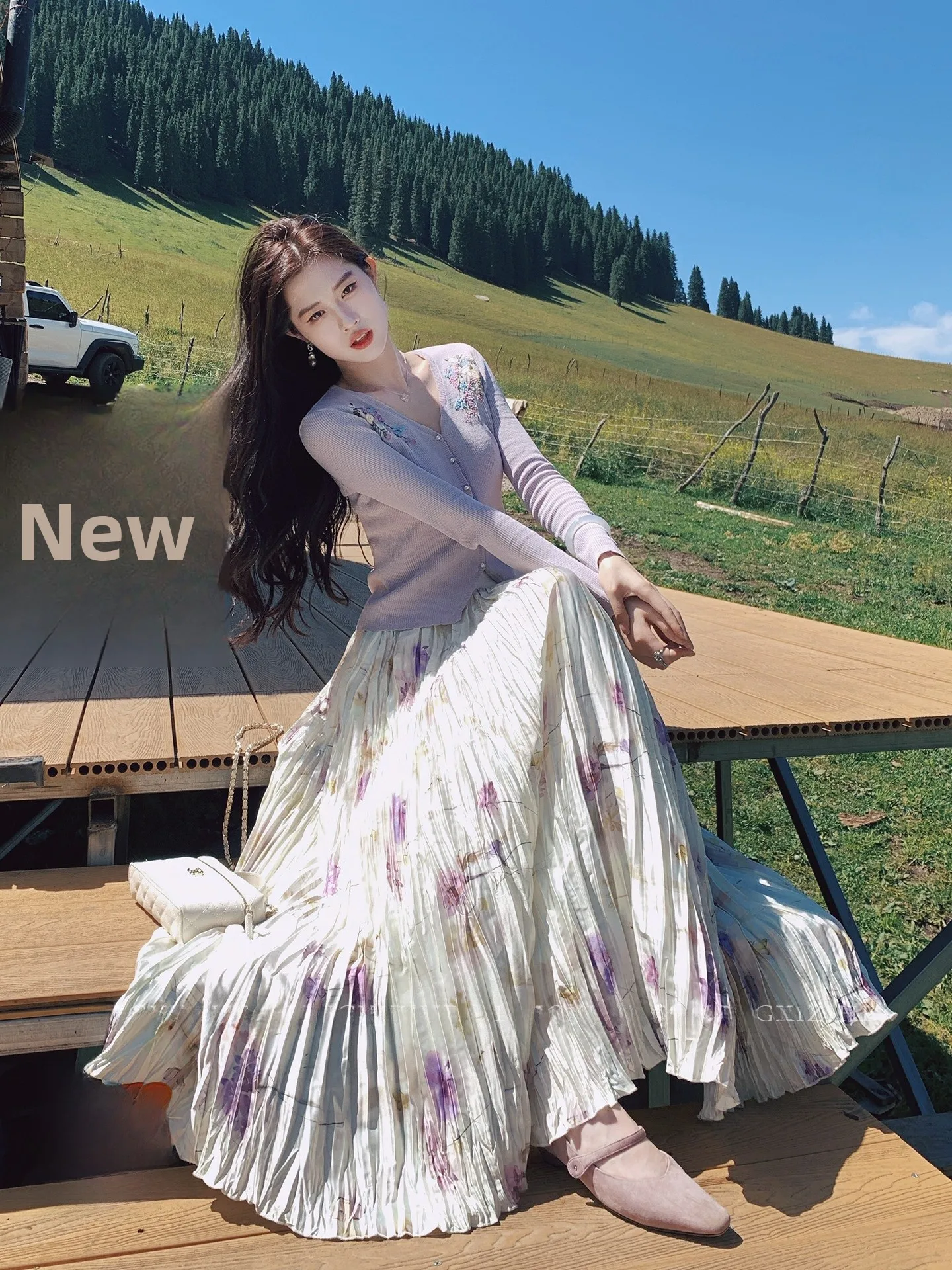 

Lingi Zhihe Fraant Woven ort Sve Long Sve Плиссированная юбка с вышивкой Женский осенне-зимний кардиган с цветочным принтом S...