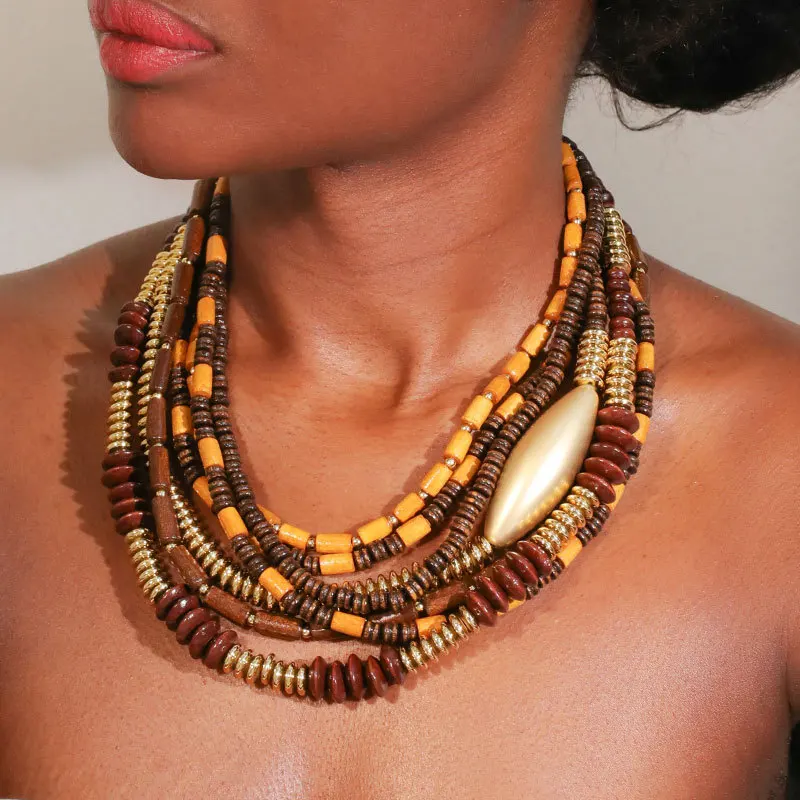 

1Pc Exquisite Multi-layered Brown And Yellow Wooden Bead With Gold Embellishments Ethnic-style Gorgeous And Exaggerated Necklace