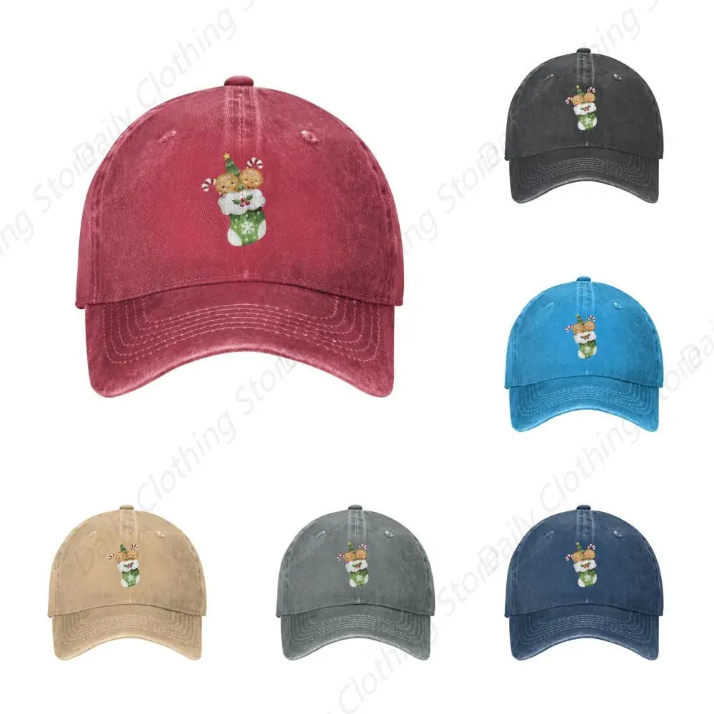 Gingerbread Christmas Green Socks Vintage Distressed Adjustable Washed Denim Low Profile Dad Trucker Hat Fitted Baseball Cap