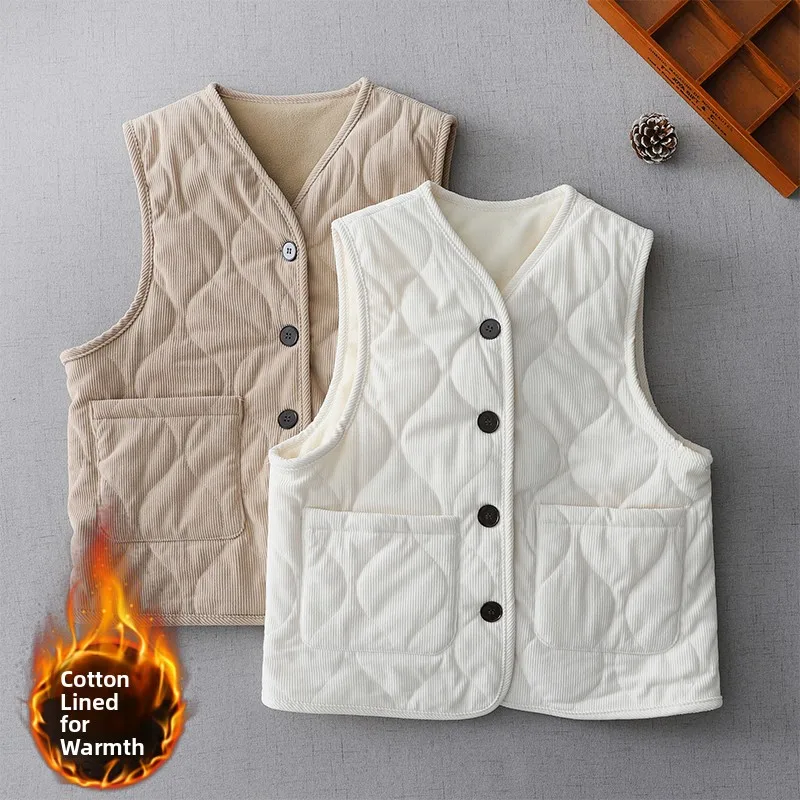 

Японский вельветовый жилет в стиле ретро, женский зимний жилет с хлопковой подкладкой, теплая верхняя одежда Faion, универсальный V-...