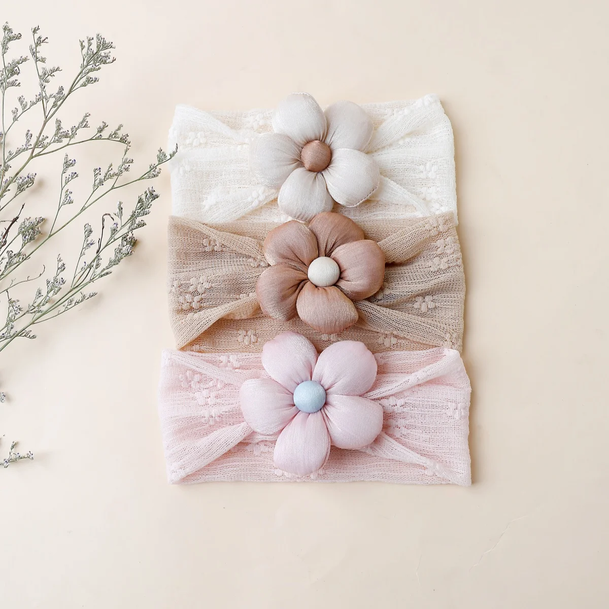 

3Pcs New Summer Breathable Baby Mesh Headbands Soft Lace Flower Turban Headwraps Girls Hair Accessories