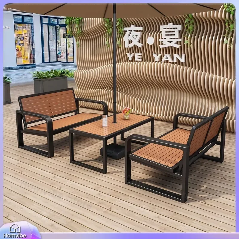 Outdoor Patio Furniture Set Plastic Wood Table and Chairs with Umbrella Hole Waterproof Sunproof Garden Deck Bistro Dining