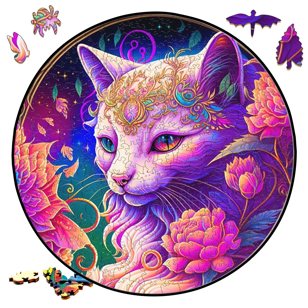 Creative Wooden Jigsaw Puzzle Board Games Animal Beautiful Cat Round Shaped Wood Puzzles Toy Secret Puzzle Box Package Best Gift