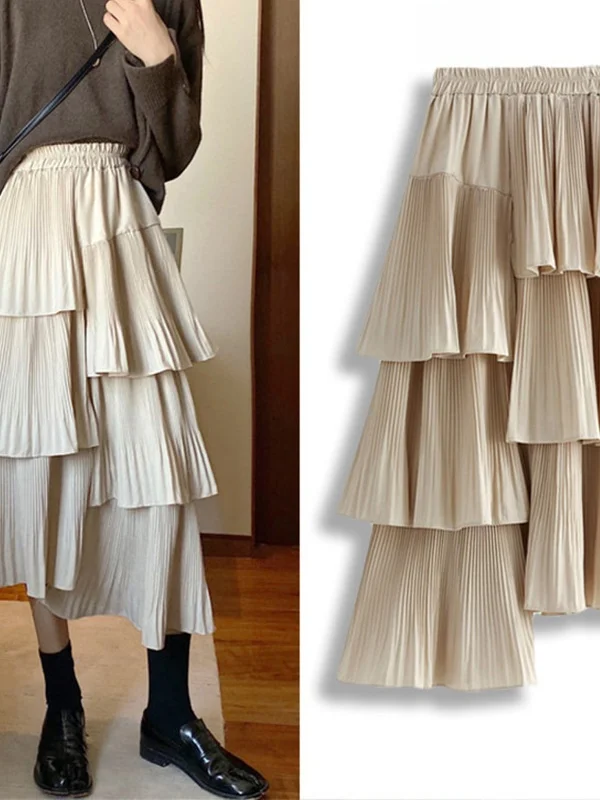

Asymmetrical A-Line Pleated Skirt Women's Faion High Waist Long Dr Polyester Fiber Slimming Effect Korean Sle