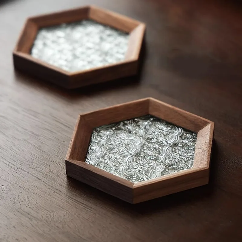 Hexagonal Walnut Wood Glass Coaster, Retro Begonia Flower Embossed Heat Resistant Tea Cup Mat, Kung Fu Tea Accessories
