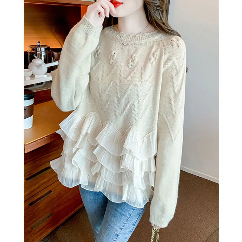 Sweet O-Neck Solid Color Spliced Ruffles Sweaters Female Clothing 2024 Spring New Loose Knitted Casual Pullovers Irregular Tops