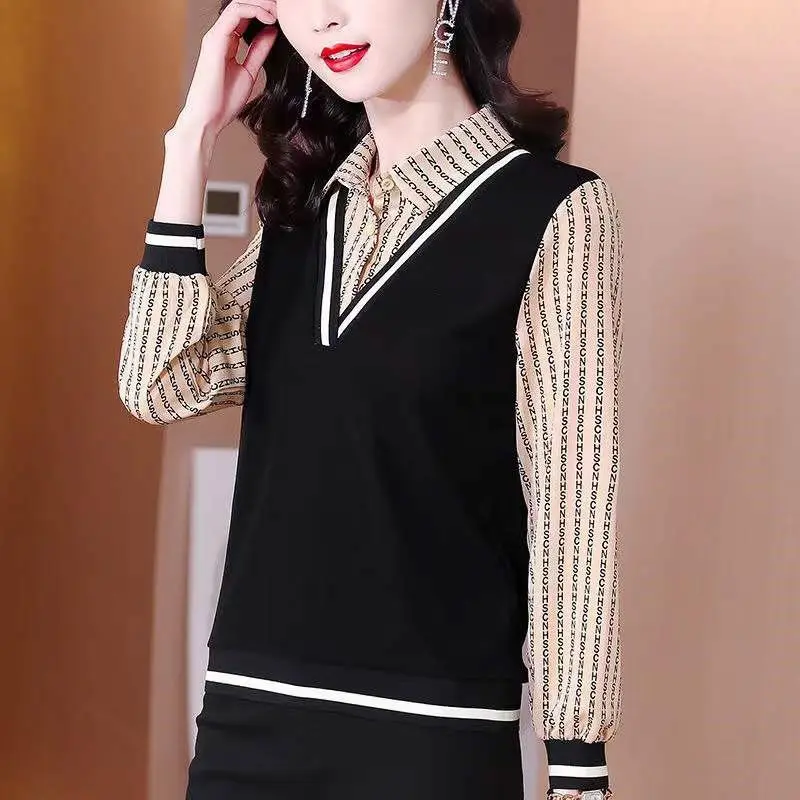 New Women\'s Clothing Korean Fashion Letter Print Patchwork Blouse Spring Autumn Lapel Long Sleeve Shirt Elegant Slim Ladies Tops