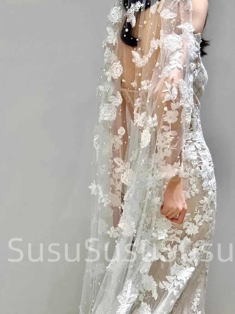 Robe de Mariée Sirène en Dentelle à Manches sulfet Dos aux, Vêtement de Style BO00-Robe, Fleurs, Cour, Traîne, Nouvelle Collection 2023