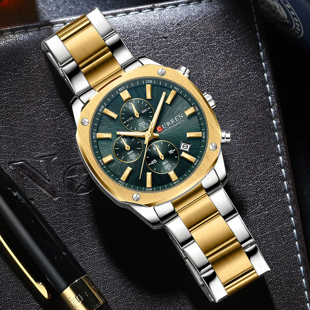 CURREN 8490 جديد عصري الصلب قطاع كوارتز ساعة رجالي فاخرة مقاوم للماء مضيئة كرونوغراف التقويم الساعات للرجال #4