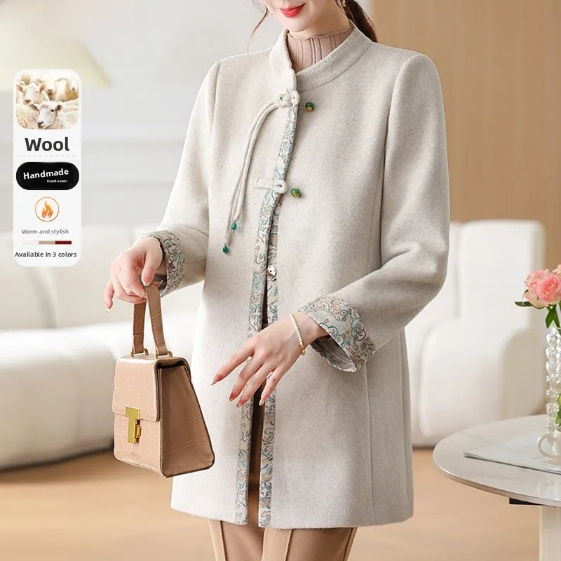 

Double-Faced Woolen Coat for Middle-Aged Mothers Autumn Faion Outerwear Loose Fit Cardigan Sle Polyester Viscose Wool Blend