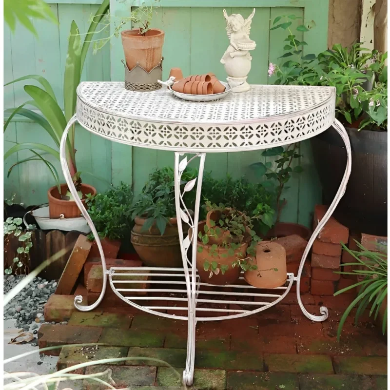 Outdoor Courtyard Flower Rack against Wall, Standing Plant Shelves, Iron Do Old Floral Table Foyer Semi-circular Storage Shelf