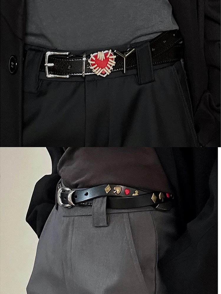 ヴィンテージパンク調節可能なメタルハートポーカーベルトストリートスタイルユニセックスレザーベルトファッショナブルカジュアルウエストアクセサリー