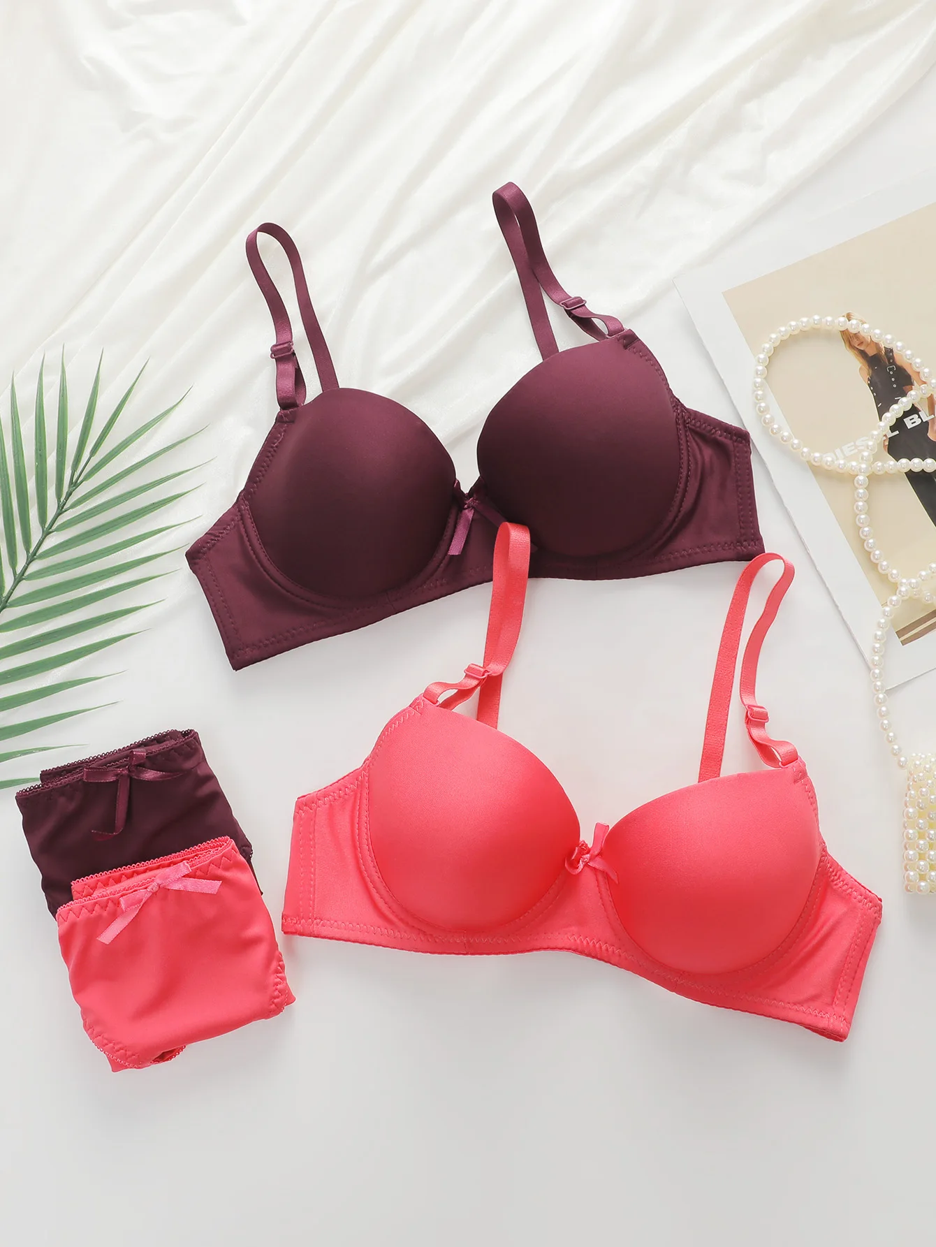 Conjunto de Lingerie Feminina em Promoção, 2 Peças, Sutiã Push Up Liso com Calcinha Combinando, Kit Íntimo Diário A3208
