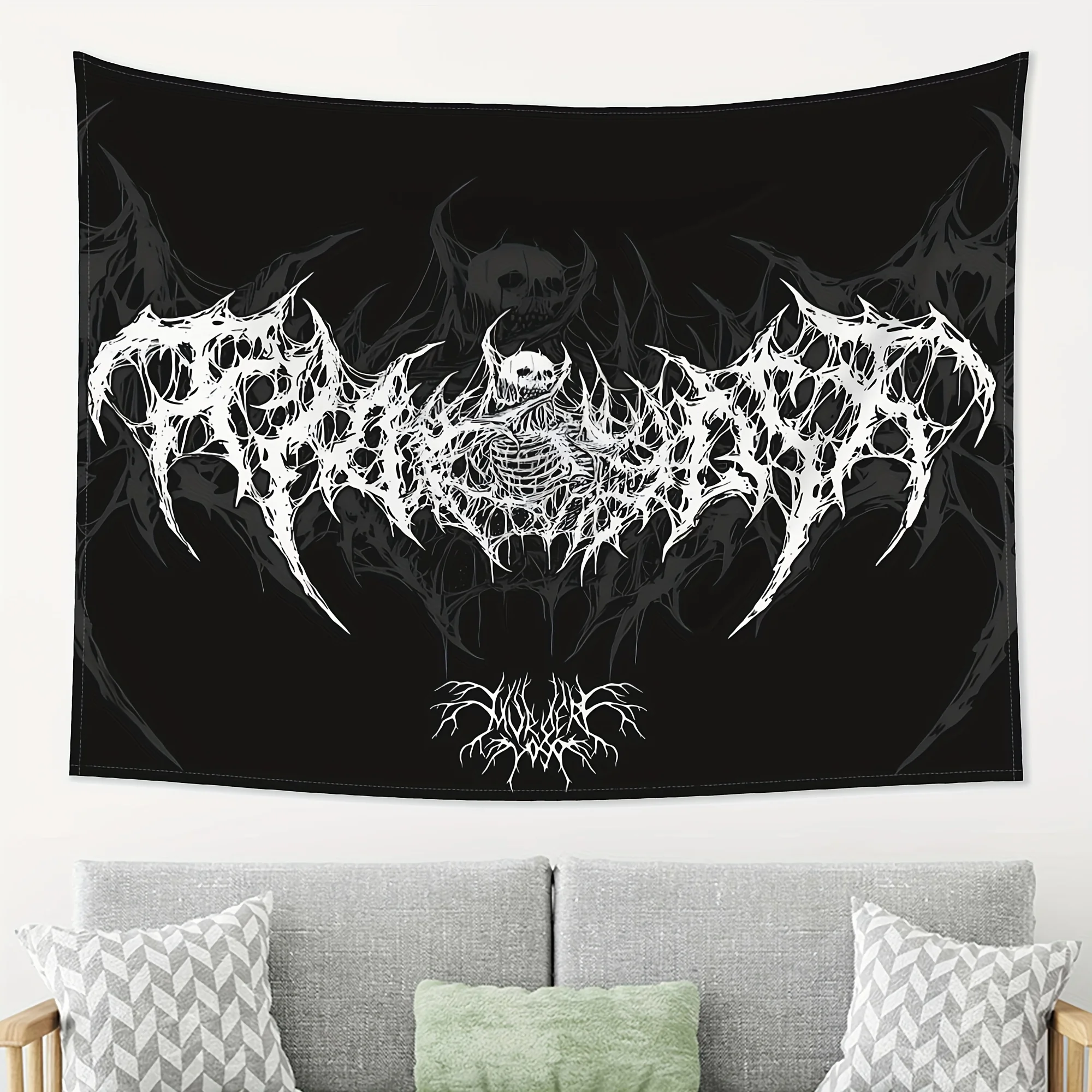 VIKAMA Gothic Death Metal Tapestry Black and White Bat Skull Wall Carpet Old Dark Hanging Cloth Room Decoration