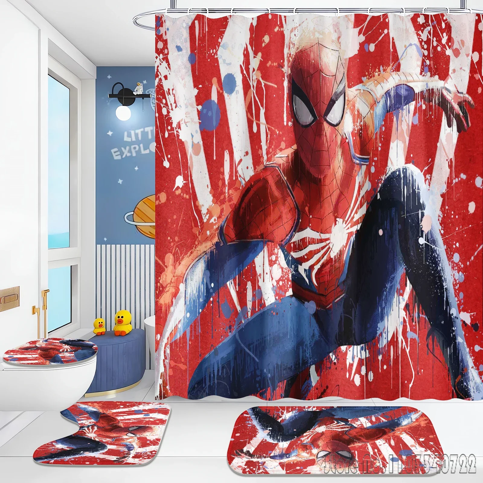 Juego de cortinas de ducha de baño de Anime de Spider Man de Disney, 4 Uds. Con ganchos, alfombrilla impermeable para baño, decoración de tapa