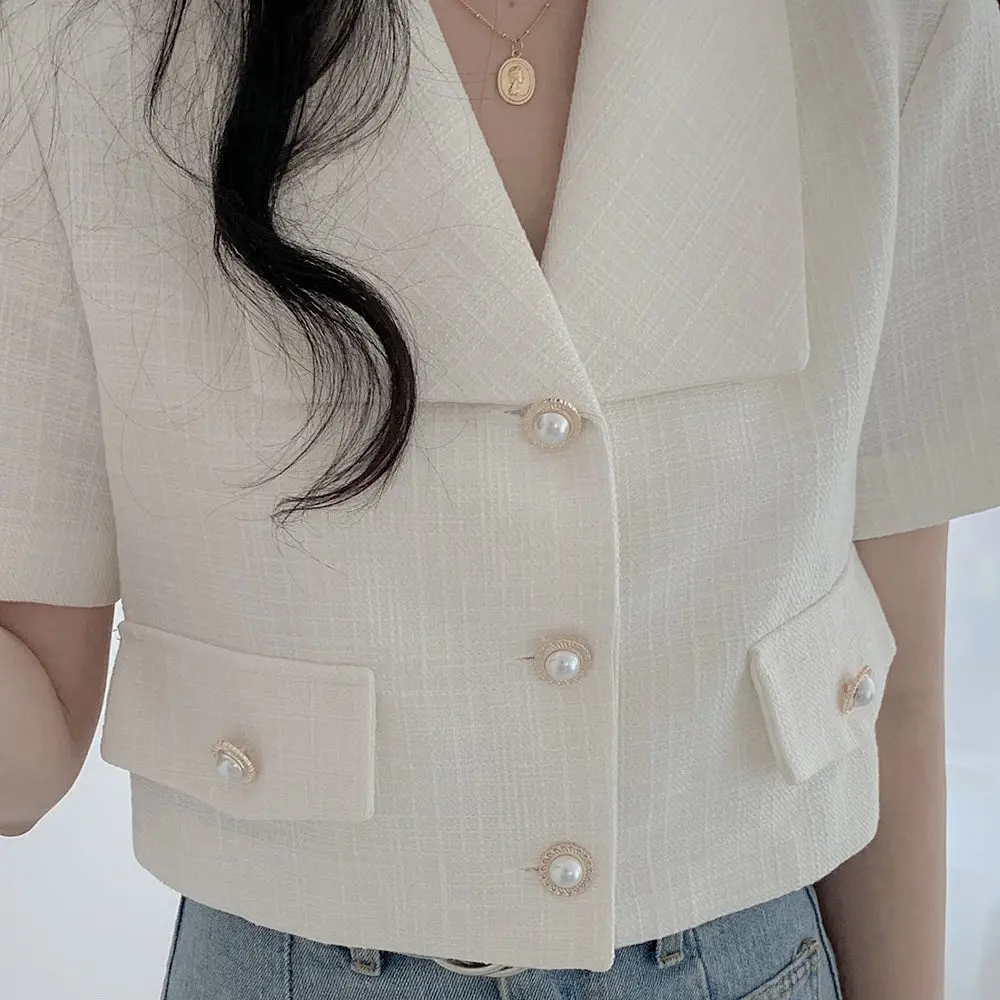 Summer Korean Fashion High End Coat Women Blazer Collar Short Sleeve Single Breasted Coat Elegant High Street Design Short Coat