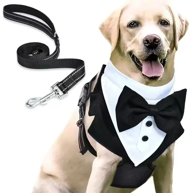 fashionTuxedo Dog Harness Leash Set dog clothes Breathable Mesh Bow Tie Puppy Pet Vest Harness Birthday Valentines for dog cat