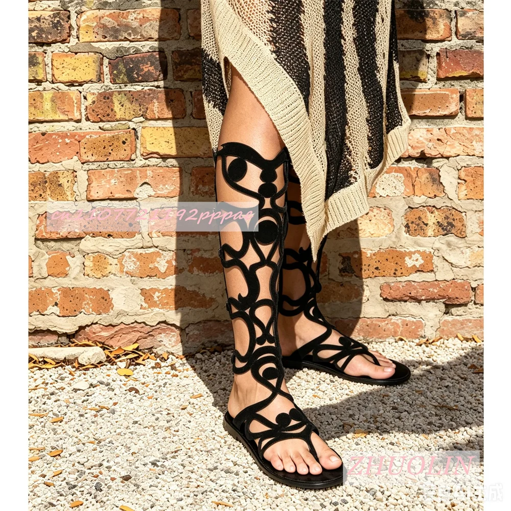 Women Black Suede Hollow Cutout Knee High Gladiator Sandals Thong Flat Strappy Leg Wrap Summer Roman Daily Walking Sandals 46