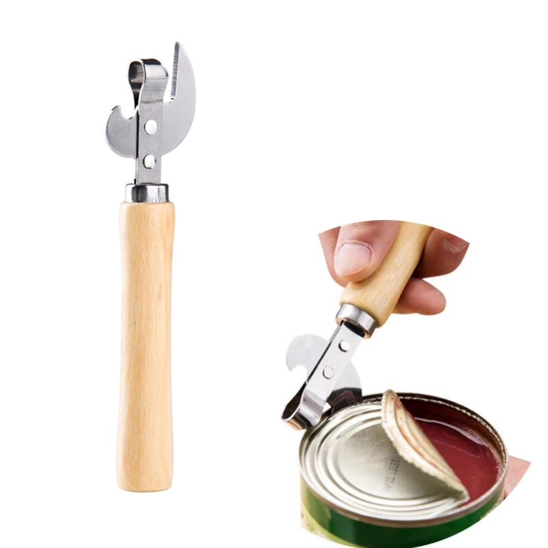 

Stainless Steel Can Opener with Wooden Handle, Beer Bottle Opener, Creative Kitchen Tools, Multifunction, Picnic Jar Opener