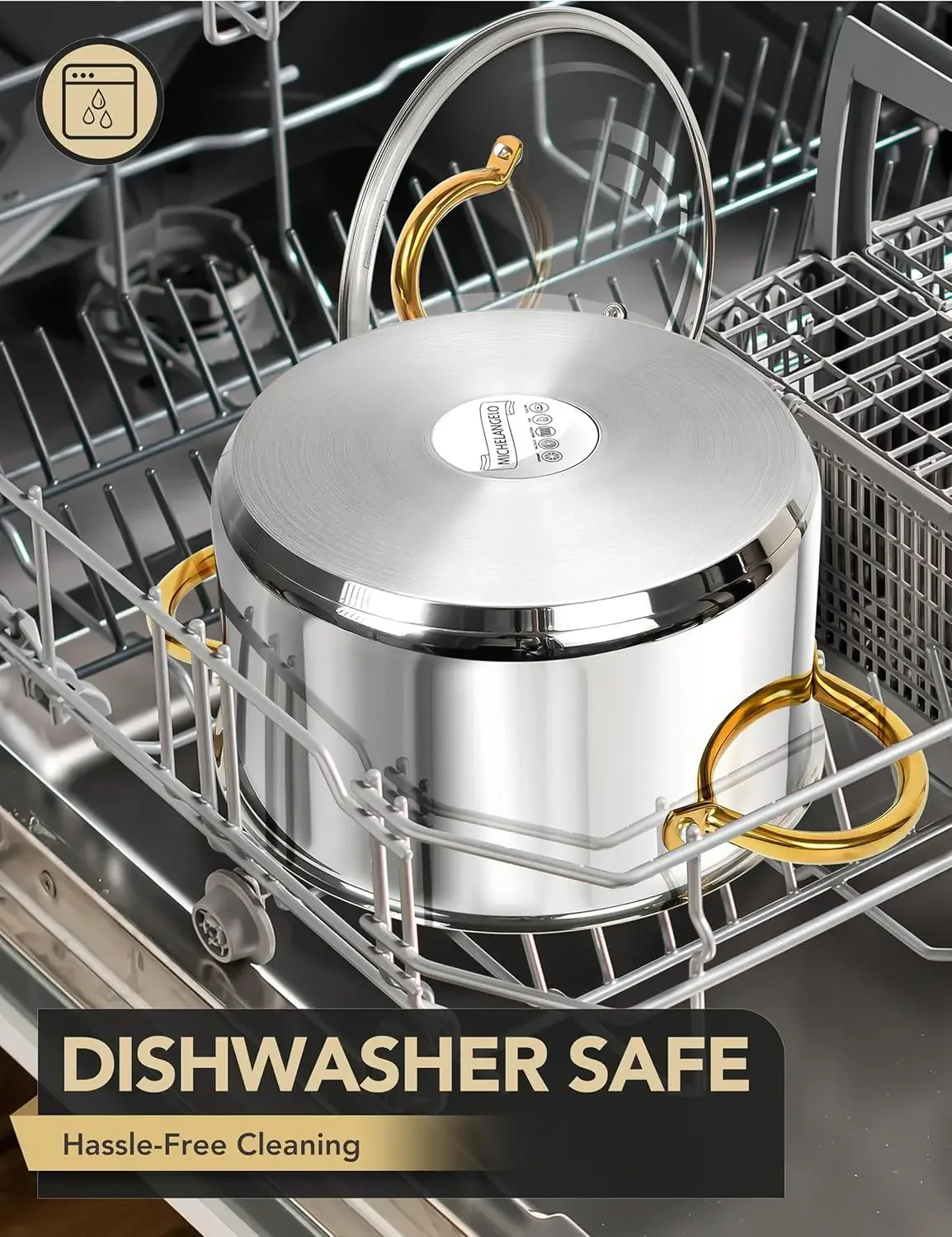 

Кастрюля из нержавеющей стали — 8 литров с крышкой, индукционная совместимость, заклепанная ручка, можно использовать в духовке и в посудомоечной машине