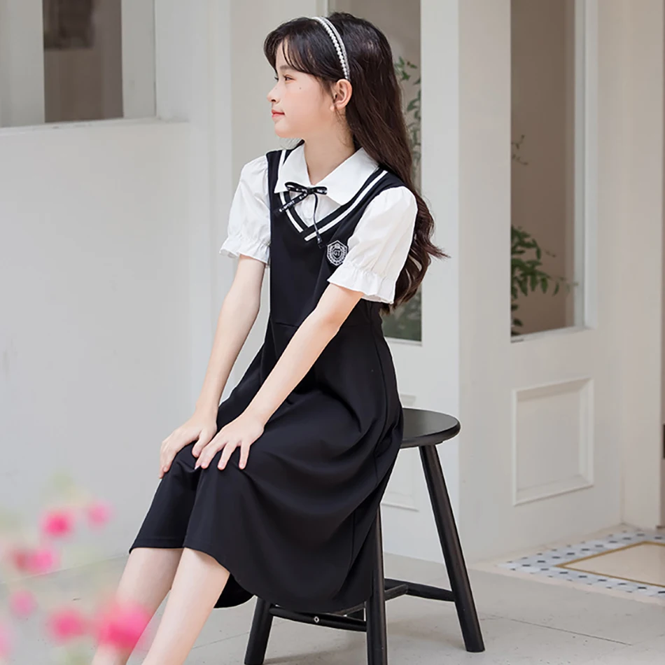 

Adorable Girls Summer Dress Shirt Collar Fake Two Piece Perfect School Casual Wear Breathable Material for Ultimate Comfortable