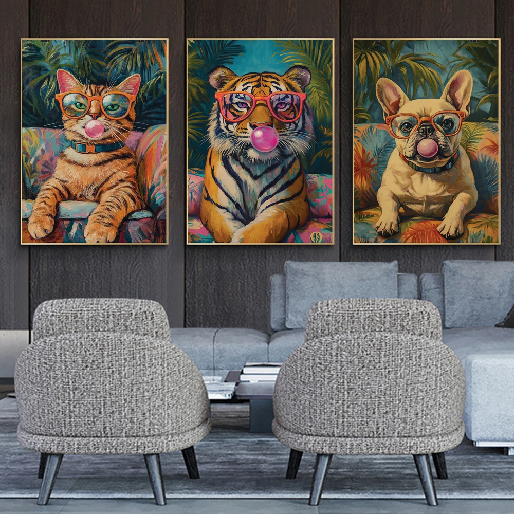 Cool Monkey Giraffe Bulldog Cat Lion Blowing Pink Bubble Gum Art Poster Fun Animal Picture Modern Home Wall Decor Canvas Print