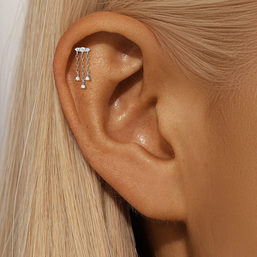 AIDE 925 Sterling Silber Geometrische Glatte Ketten-Quasten-Ohrringe für Damen, Knorpel-Spiral-Piercing, flache Rückseite, zum Schlafen tragbar – Detail 10