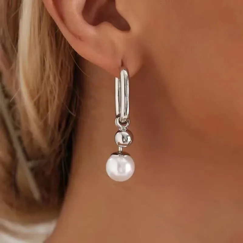 New Arrival U Shaped Hoop Earrings Women Minimalist 925 Sterling Silver Pearl Dangle Drop Earrings Asymmetric Jewelry Party Gift
