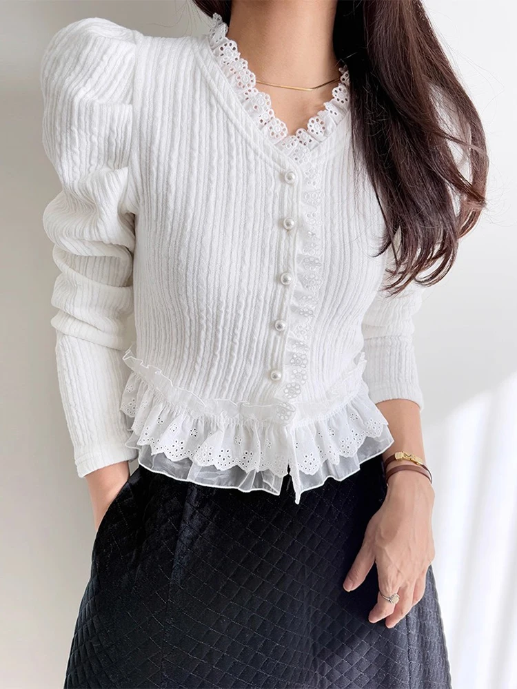 

Lace Ruffle Patchwork Knitted Cardigan Jacket for Women's Autumn New Style Retro Slim Fit and Slimming Top