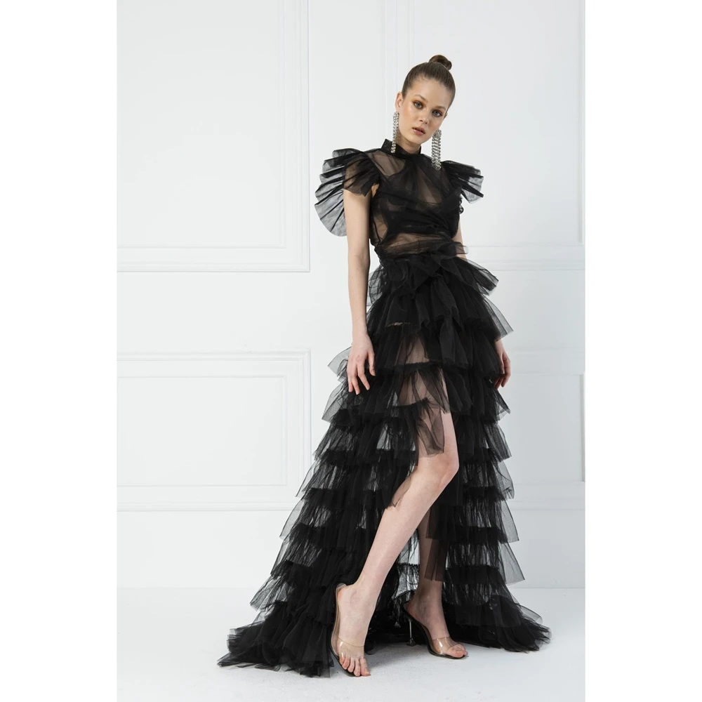 Women Tulle Long Skirt Solid Color Mesh Lace Layers Tied-Up Irregular Floor-Length Party Skirts Bikini Cover Ups Beachwear