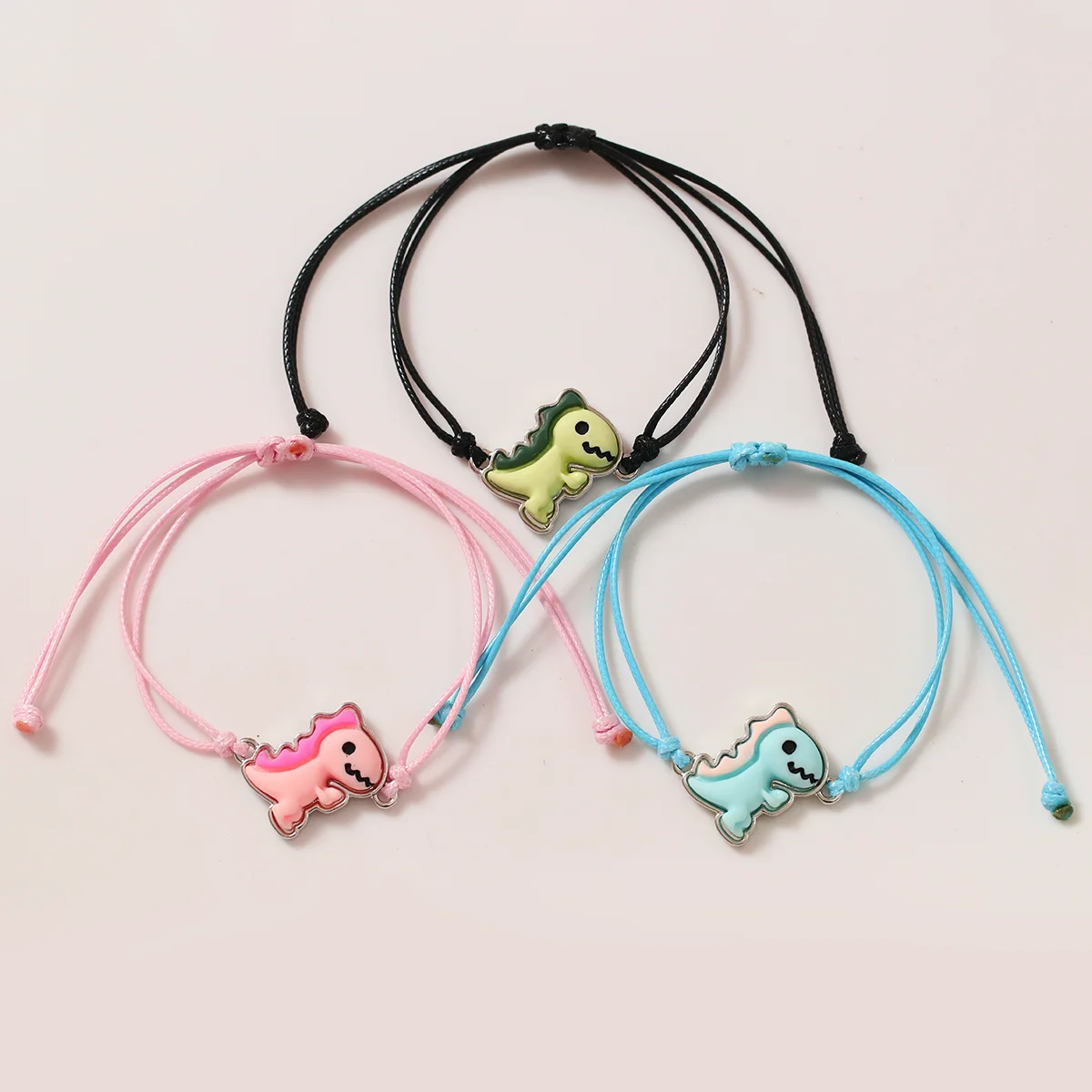 Pink Blue Green Cute Little Dinosaur Bracelet Hand-Woven Wax String Three-Piece Set